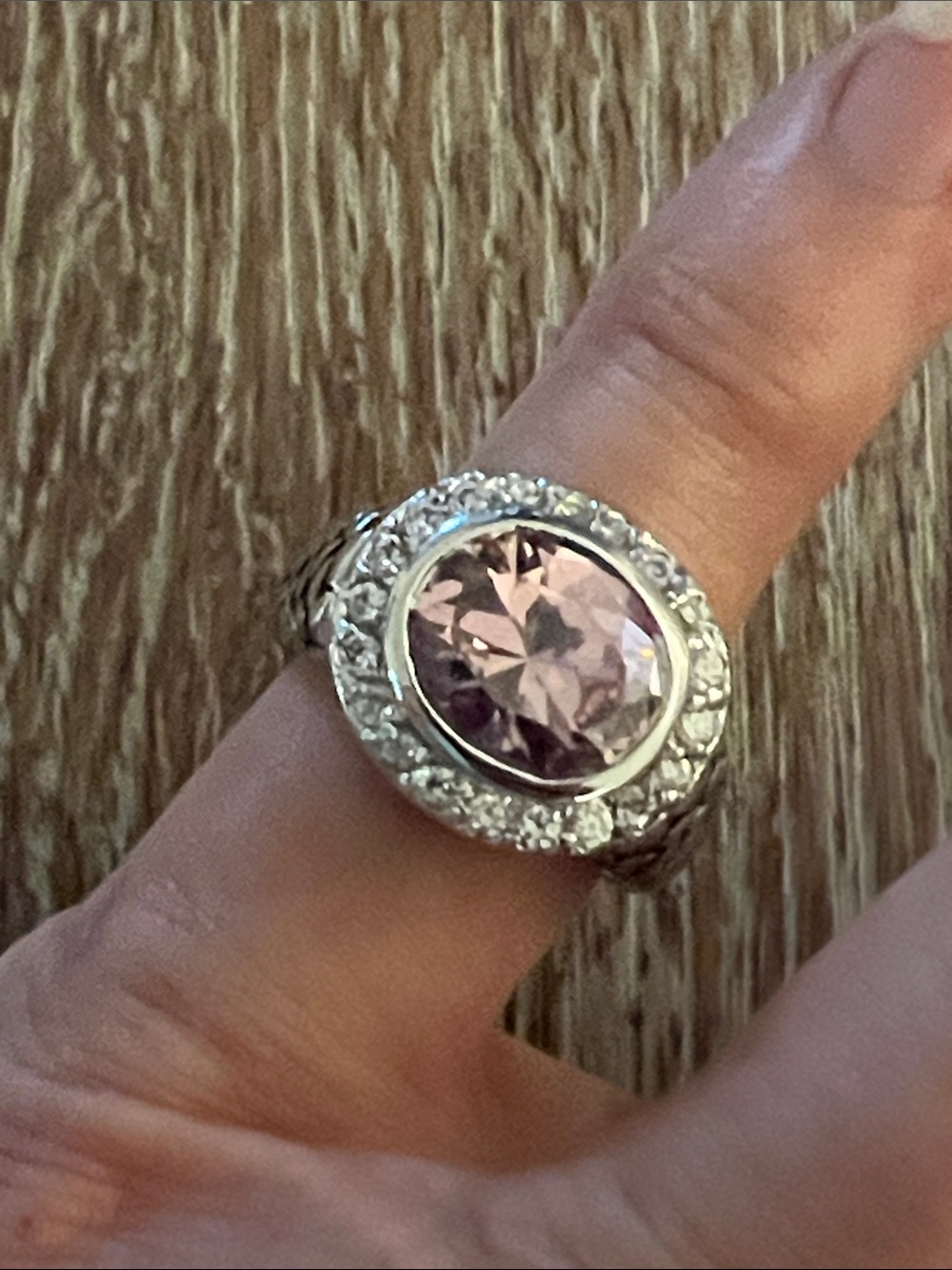 Silver Pink Oval Gem Halo Ring